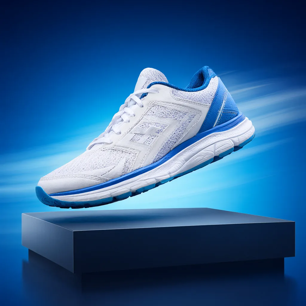 White running shoe with blue accents floating above a dark blue display platform. (AI-generated)