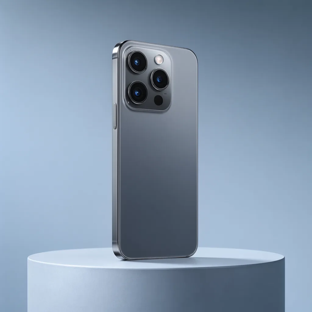 Metallic smartphone displayed on a circular blue platform against a soft blue background. (AI-generated)