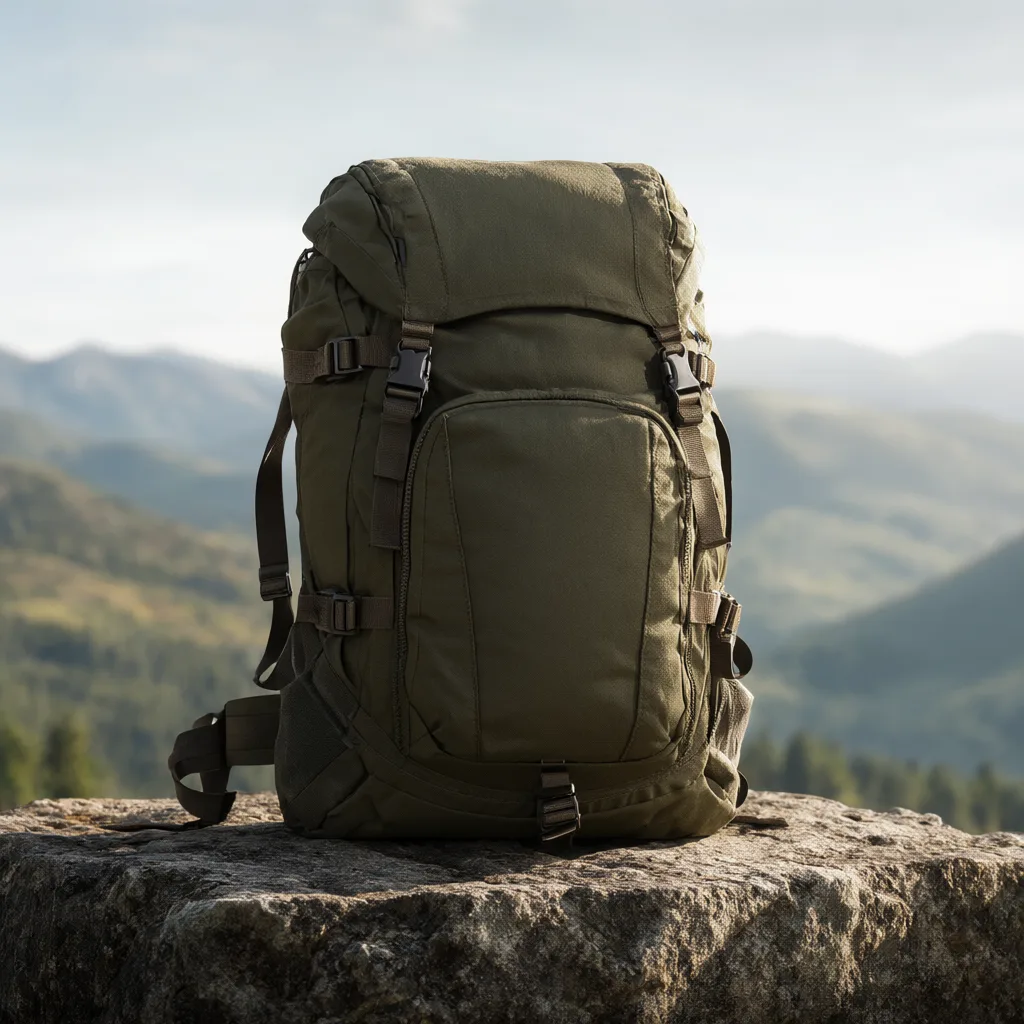 Olive green hiking backpack displayed on a rock with mountains in the background. (AI-generated)