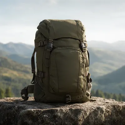 Outdoor Hiking Backpack on Mountain Rock