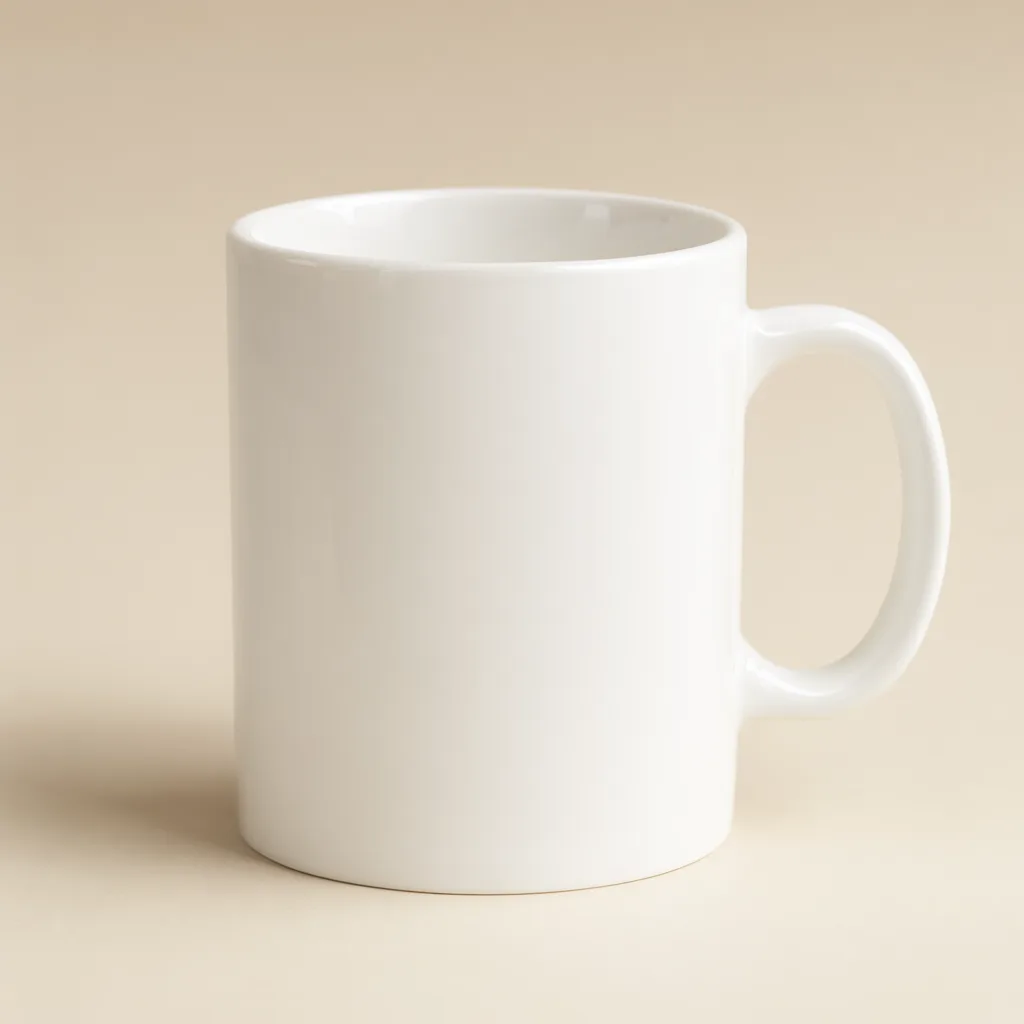 Plain white ceramic mug with a curved handle on a warm beige background. (AI-generated)