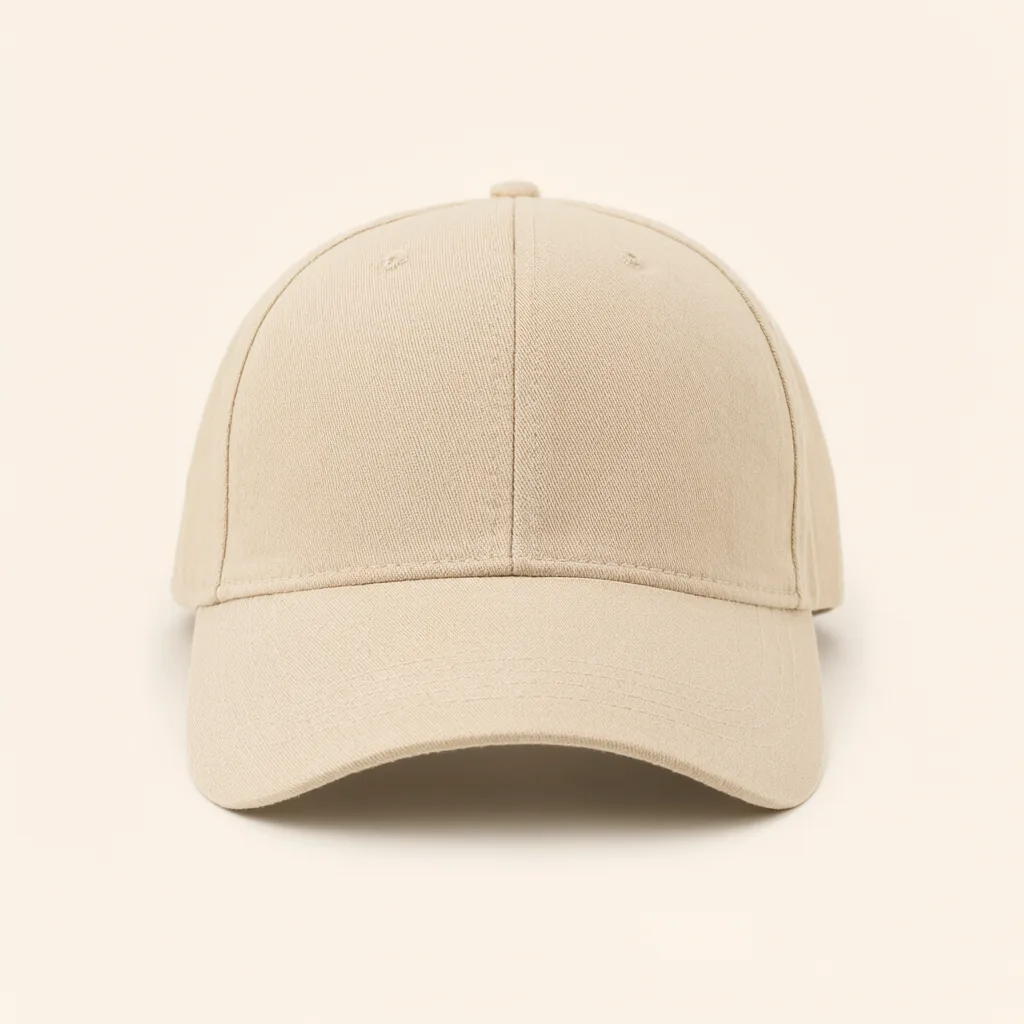 Plain beige baseball cap with a curved brim viewed from the front on a cream background. (AI-generated)