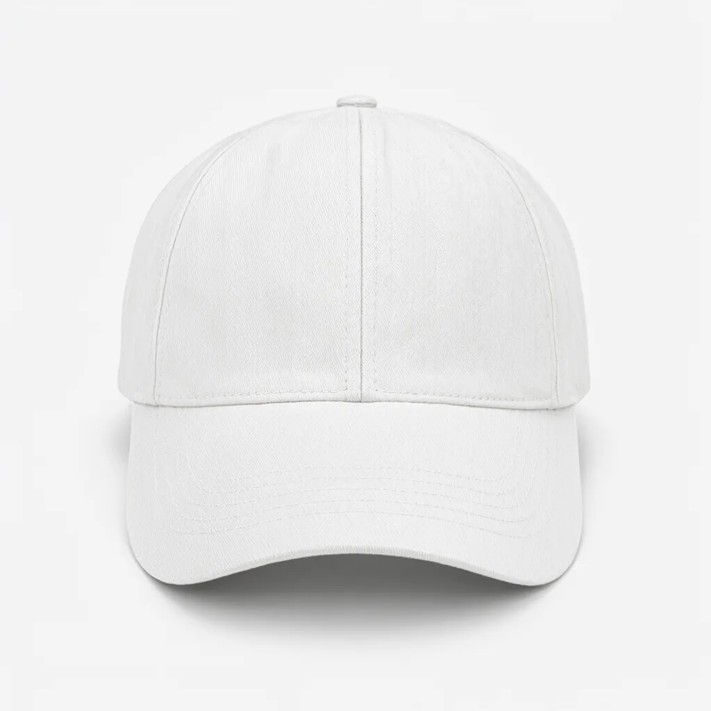 Plain white baseball cap with a curved brim viewed from the front. (AI-generated)