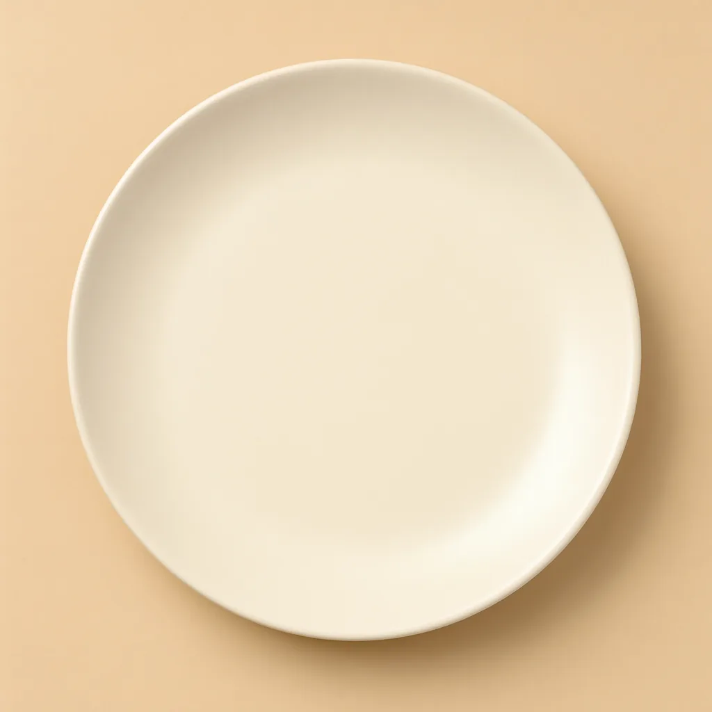 Round cream ceramic plate viewed from above on a beige background. (AI-generated)