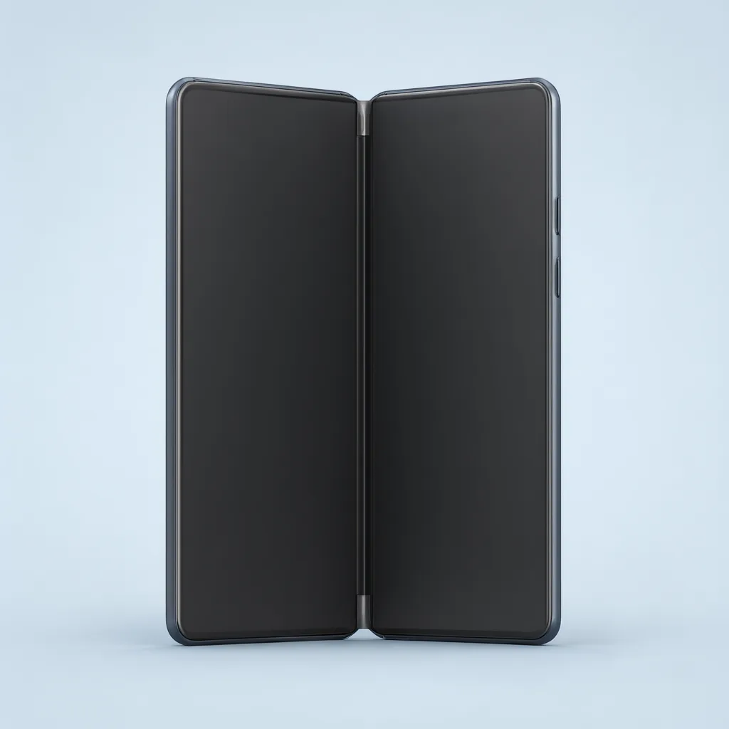 Black foldable smartphone opened to reveal two dark screens on a light blue background. (AI-generated)
