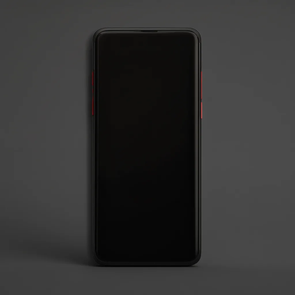 Black smartphone with a blank screen standing vertically against a dark background. (AI-generated)