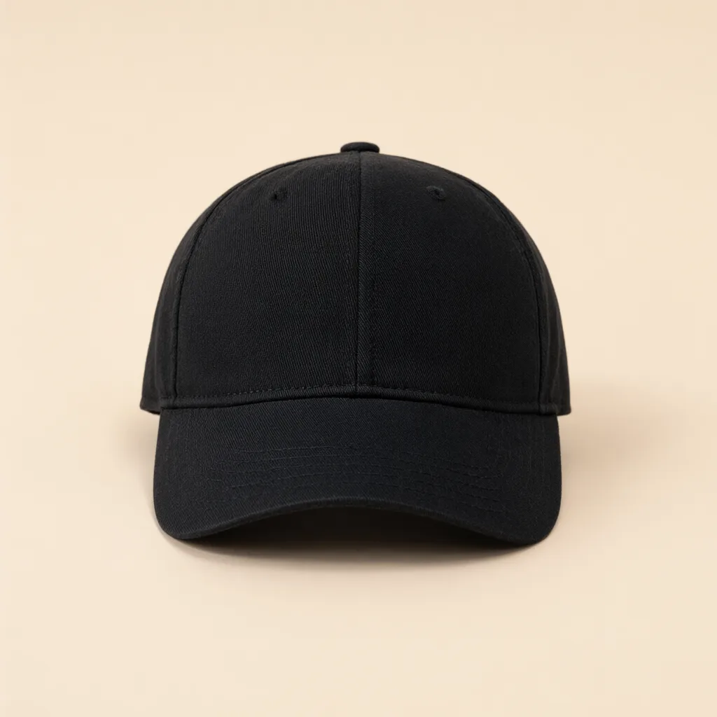 Black baseball cap with a curved brim on a beige background. (AI-generated)