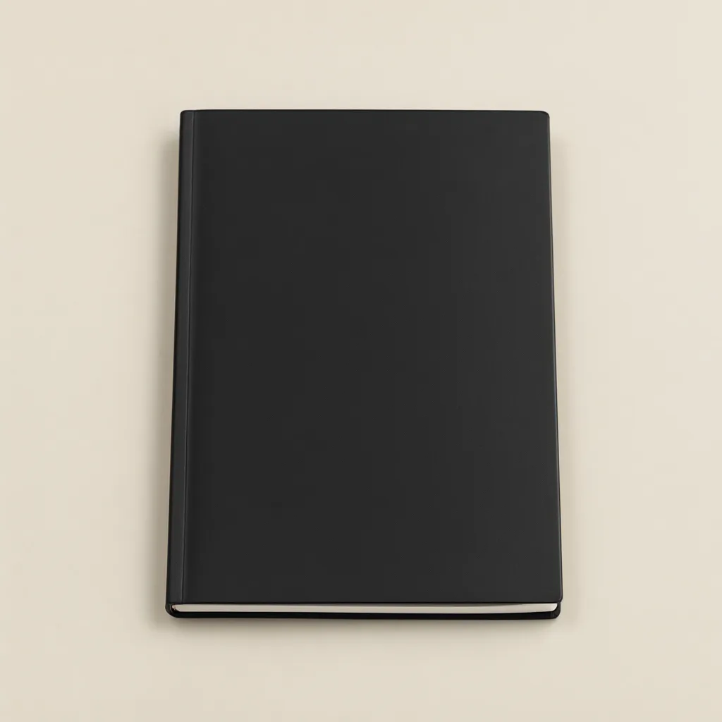 Plain black hardcover notebook viewed from above on a beige background. (AI-generated)
