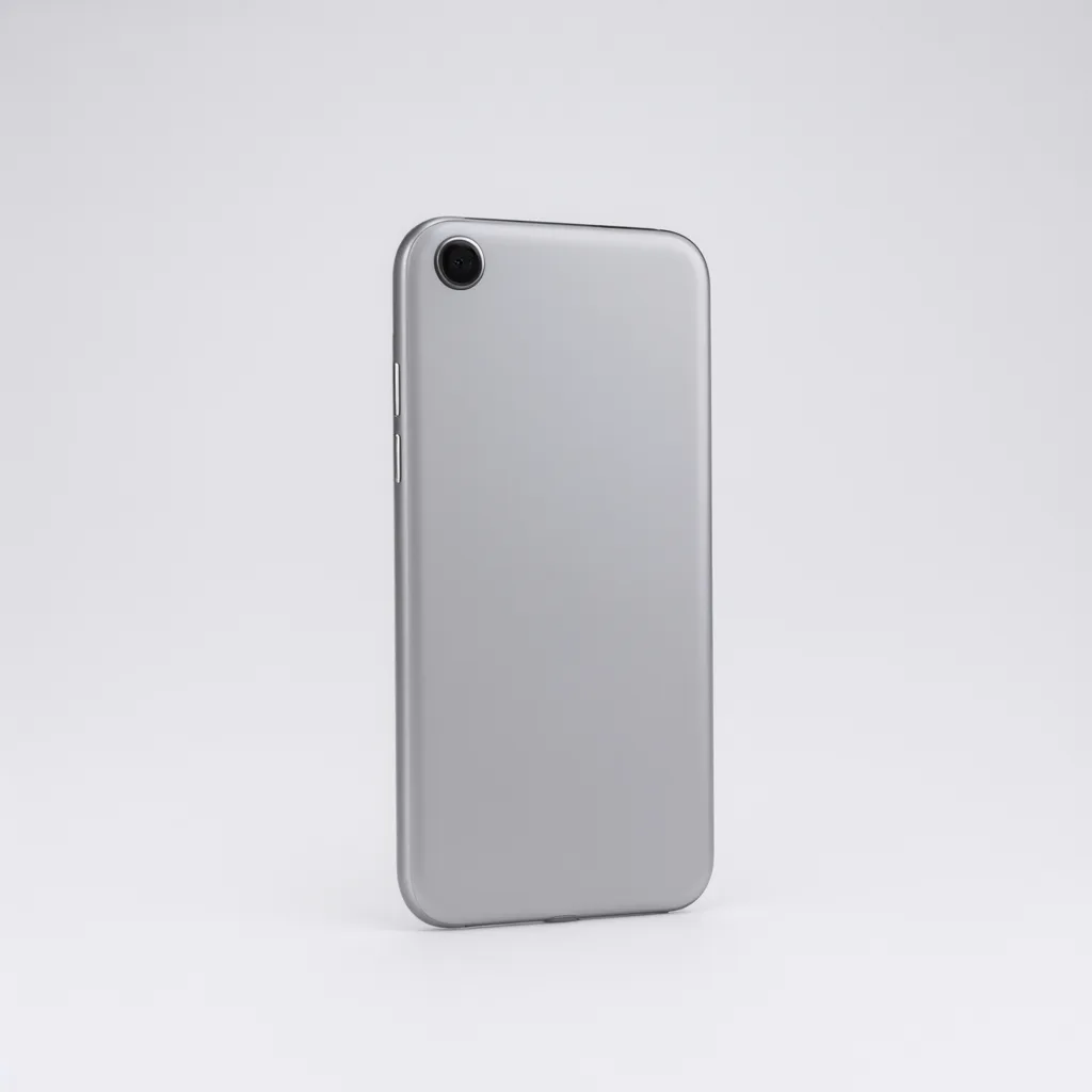 Silver smartphone viewed from the back with a single rear camera on a light gray background. (AI-generated)
