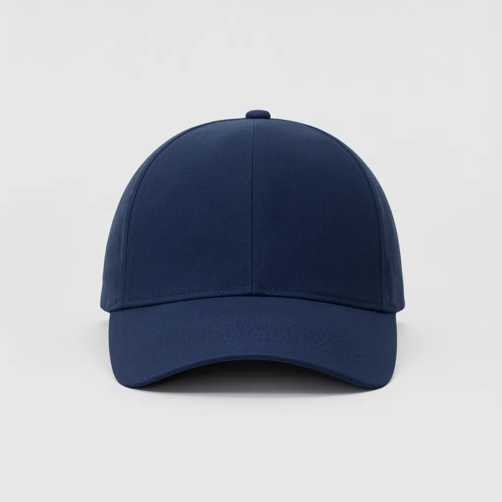 Plain navy blue baseball cap with a curved brim on a light gray background. (AI-generated)