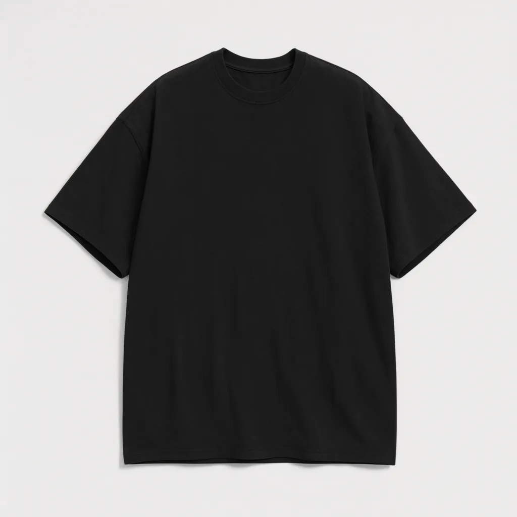 Plain black short-sleeve crew neck T-shirt displayed against a light background. (AI-generated)