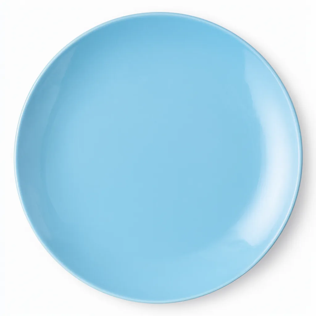 Round light blue ceramic plate with a glossy surface viewed from above on a white background. (AI-generated)
