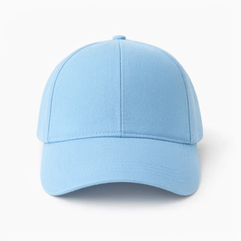 Plain light blue baseball cap with a curved brim on a white background. (AI-generated)