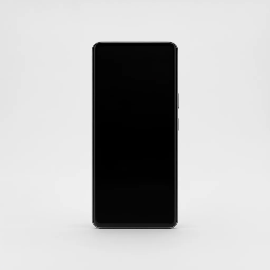 Black smartphone with a blank screen standing against a light gray background. (AI-generated)