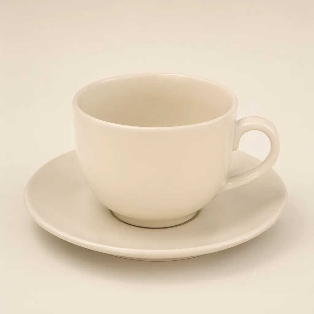 Cream ceramic cup with a matching saucer on a beige background. (AI-generated)