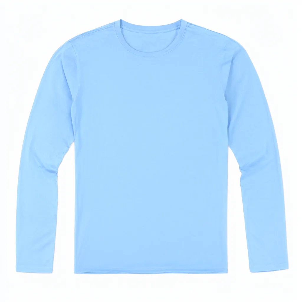 Plain light blue long sleeve T-shirt shown from the front against a white background. (AI-generated)