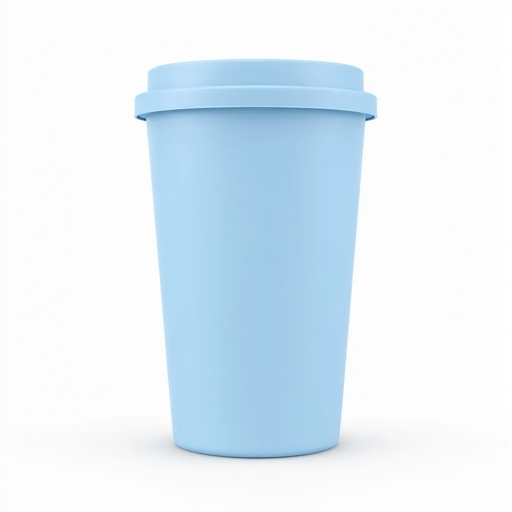 Light blue takeaway coffee cup with a matching lid isolated on a white background. (AI-generated)