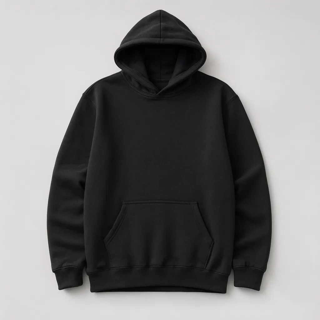 Plain black pullover hoodie with a kangaroo pocket shown from the front on a light gray background. (AI-generated)
