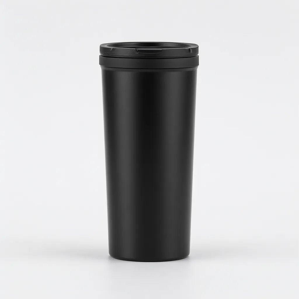 Matte black reusable coffee cup with a black lid on a light gray background. (AI-generated)
