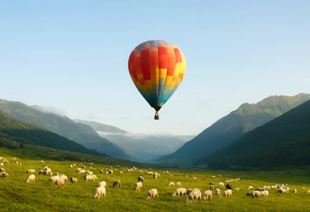 A colorful hot air balloon floating above a green mountain meadow filled with grazing sheep. (AI-generated)