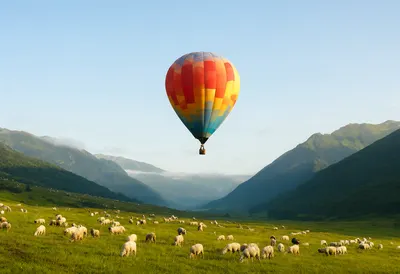 Colorful Hot Air Balloon over a Green Mountain Meadow (AI-generated)