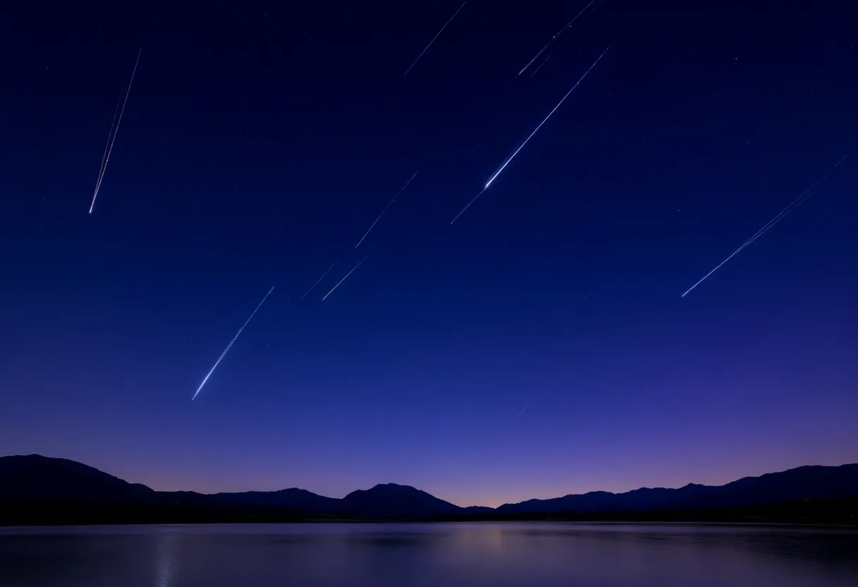 Multiple shooting stars streak across a deep blue night sky above a calm lake and mountain silhouettes. (AI-generated)