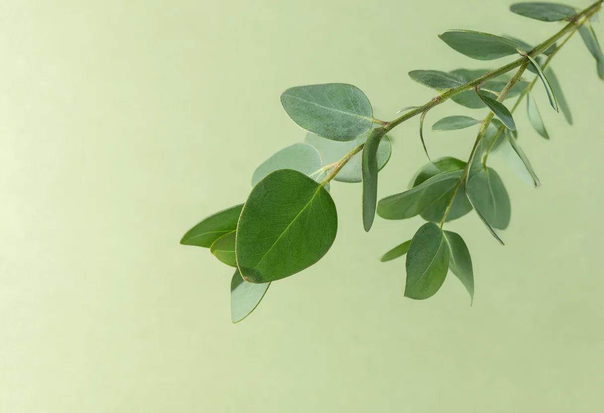 Green eucalyptus branch with smooth oval leaves against a soft pale green background. (AI-generated)