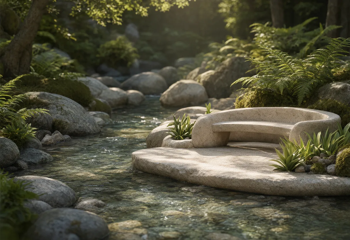 A curved stone bench beside a clear forest stream surrounded by rocks, ferns, and green woodland. (AI-generated)