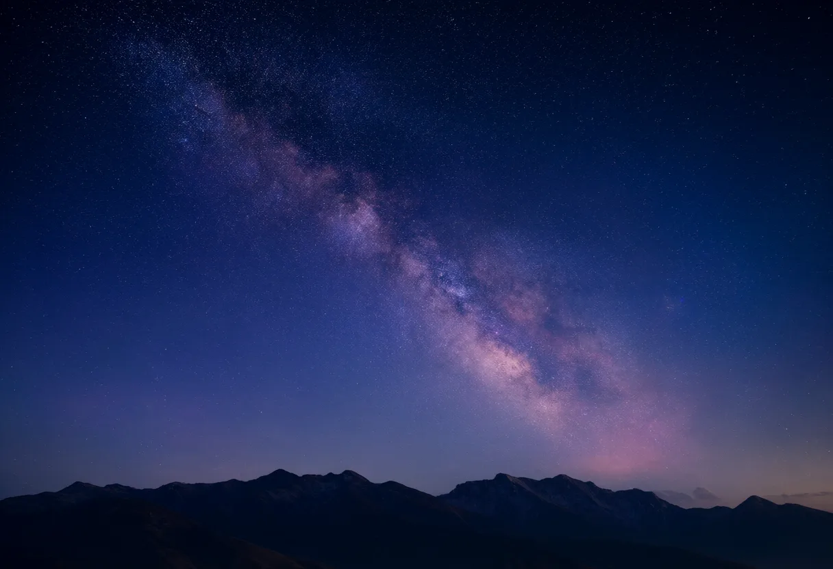 Milky Way galaxy glowing above a dark mountain range under a starry night sky. (AI-generated)