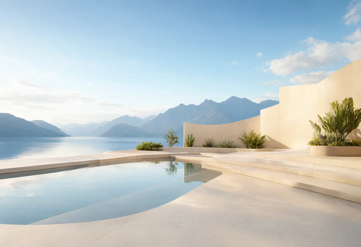 A modern white infinity pool overlooks a blue mountain lake surrounded by distant mountain ranges. (AI-generated)