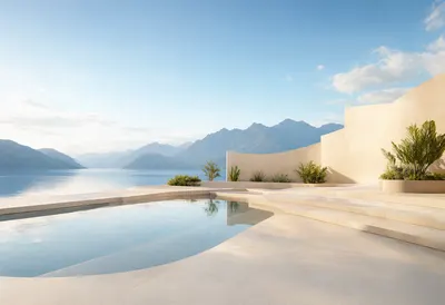 Modern Infinity Pool Overlooking a Mountain Lake (AI-generated)