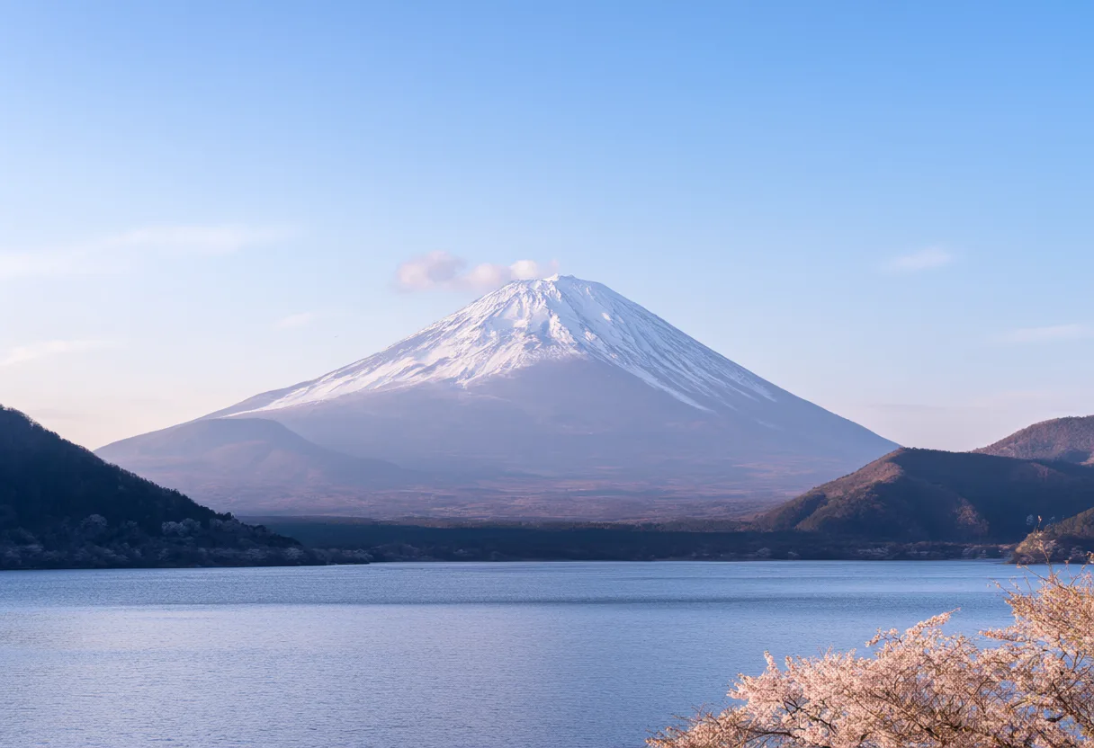 Snow-covered Mount Fuji stands above a calm Japanese lake with cherry blossoms in the foreground. (AI-generated)