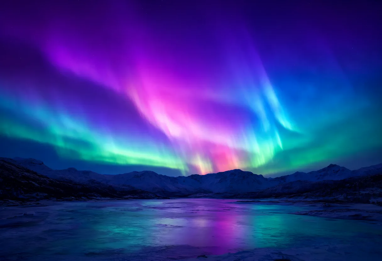 Colorful purple, green, and blue northern lights glow above dark mountains and reflect on a frozen lake. (AI-generated)