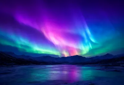 Vibrant Northern Lights Reflected on a Frozen Lake (AI-generated)