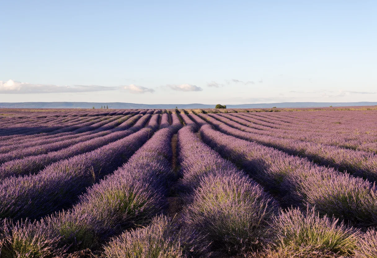 Neat rows of purple lavender plants stretch across a field toward the distant horizon. (AI-generated)