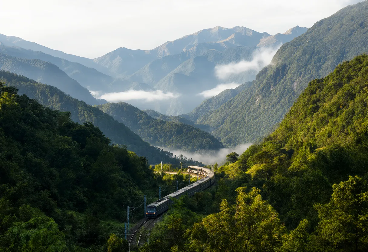 A passenger train travels along a railway through a lush green mountain valley covered in mist. (AI-generated)