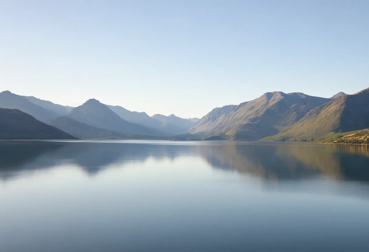 A calm mountain lake reflecting surrounding mountains beneath a clear blue sky. (AI-generated)