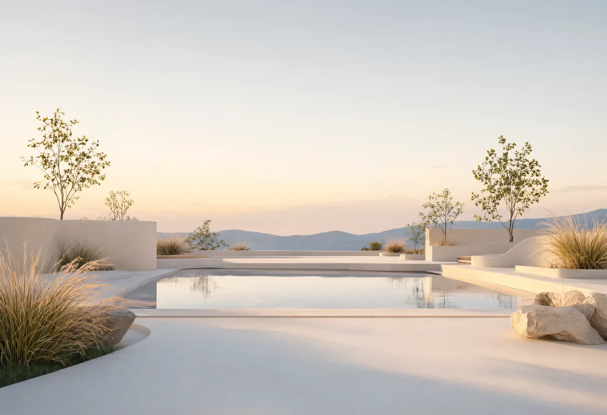 Minimalist outdoor pool with ornamental grasses and small trees overlooking distant mountains. (AI-generated)