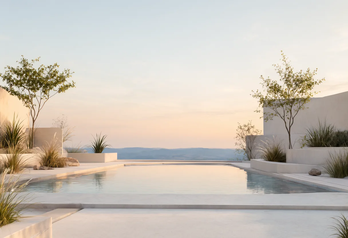 Minimalist infinity pool overlooking distant mountains in warm sunset light. (AI-generated)