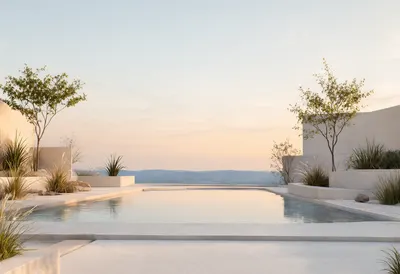 Minimalist Infinity Pool with Sunset Mountain Views (AI-generated)