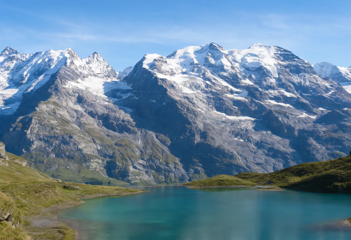 Snow-covered mountain peaks reflected above a blue alpine lake. (AI-generated)