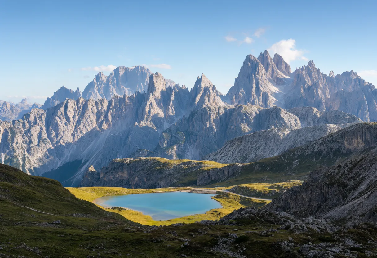 Rocky mountain peaks surrounding a turquoise alpine lake under a clear blue sky. (AI-generated)