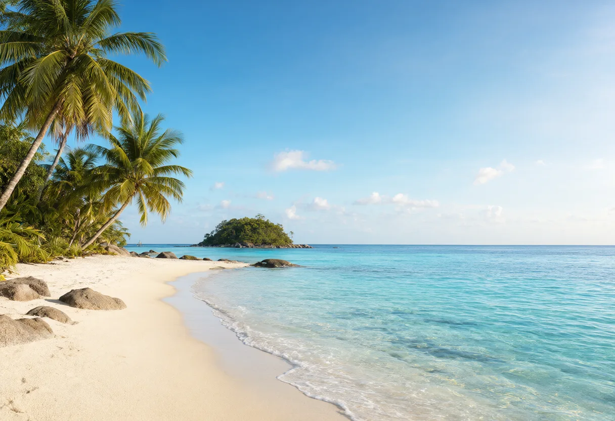 White sandy tropical beach with palm trees and clear turquoise seawater. (AI-generated)
