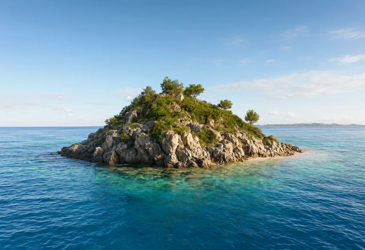 Small rocky island with green trees surrounded by clear blue ocean water. (AI-generated)