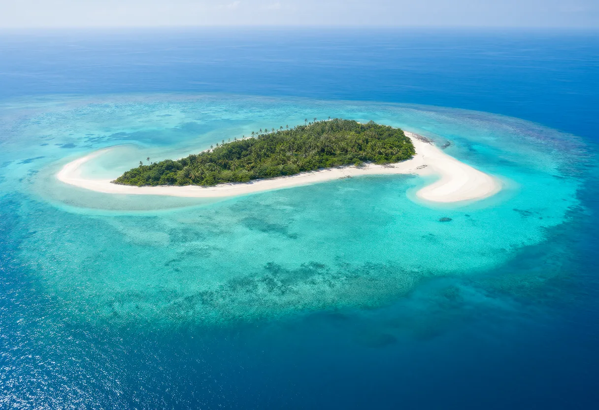 Aerial view of a green tropical island surrounded by white sand and turquoise ocean water. (AI-generated)