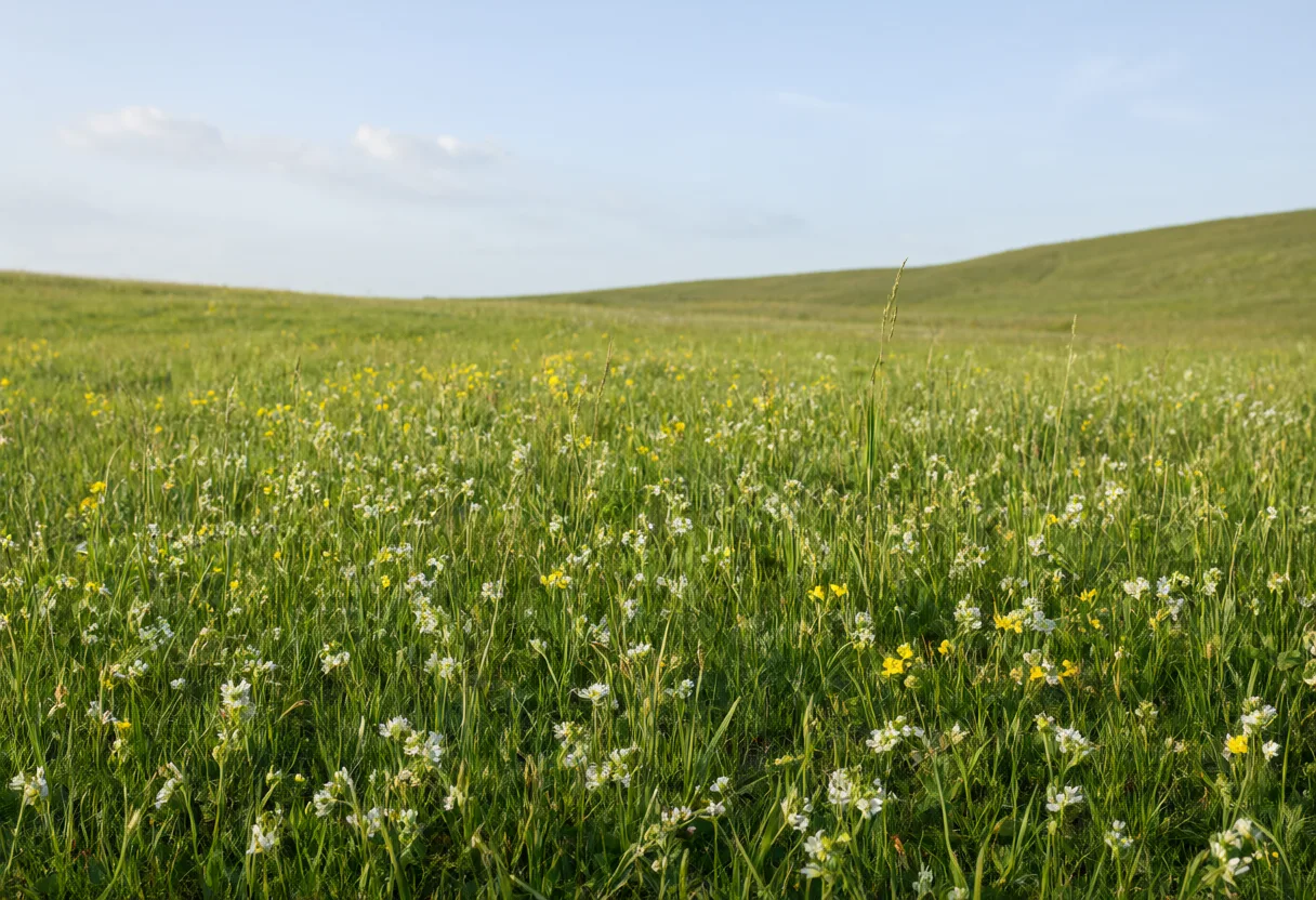 Green grassland with small white and yellow wildflowers beneath a blue sky. (AI-generated)
