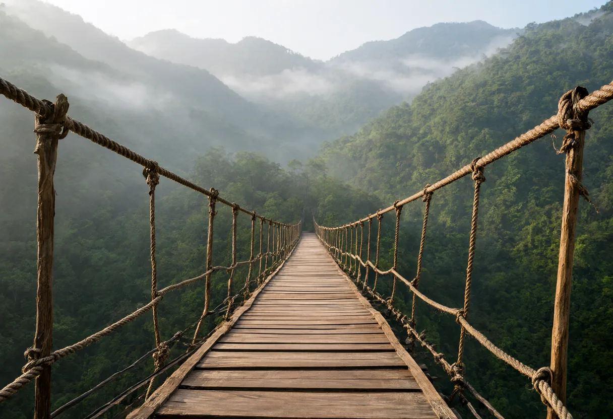 Wooden suspension bridge leading through a misty green mountain forest. (AI-generated)