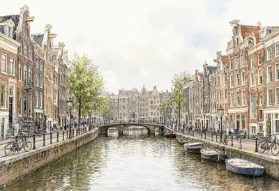 Historic European Canal with Boats and Brick Buildings (AI-generated)
