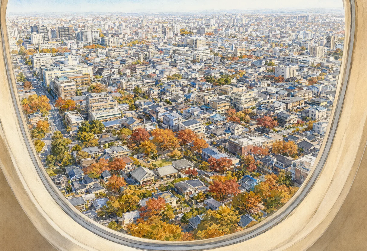 Dense city buildings and colorful autumn trees seen through an airplane window. (AI-generated)