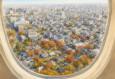 Aerial City View Through an Airplane Window in Autumn (AI-generated)